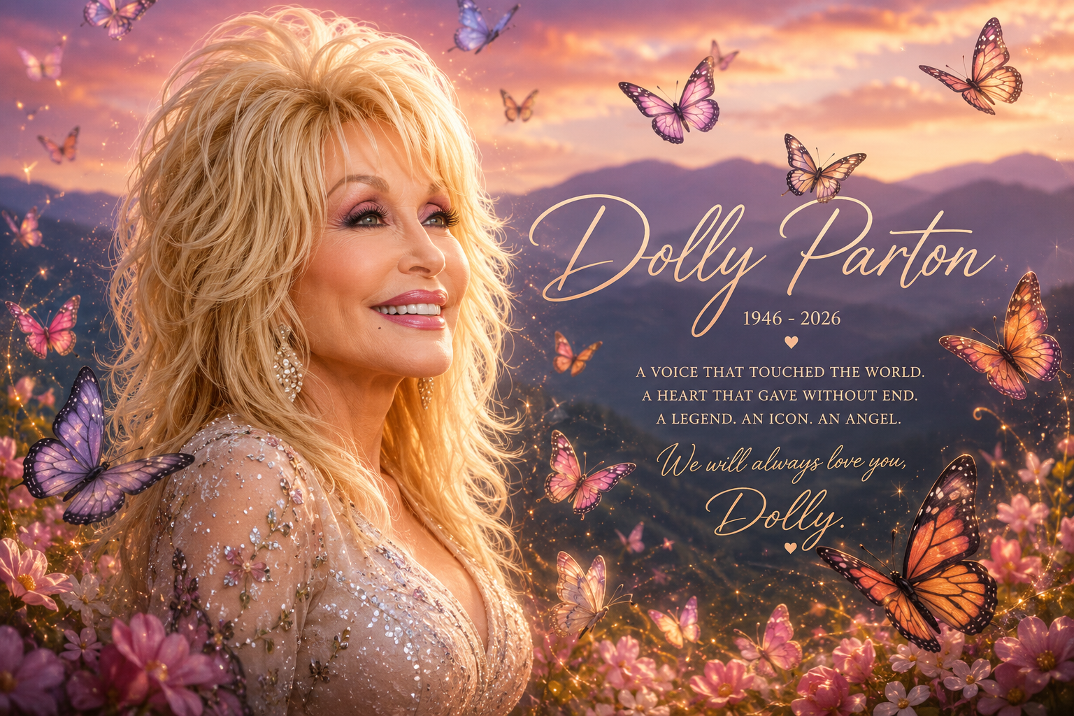 Dolly Parton memorial tribute portrait surrounded by butterflies and wildflowers at sunset, with the years 1946 - 2026