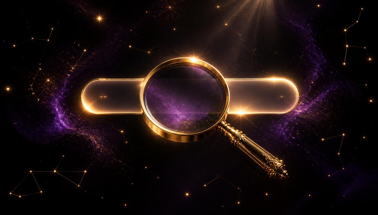 Glowing gold magnifying glass over a luminous search bar against a midnight purple starfield, illustrating search engine advertising for small businesses