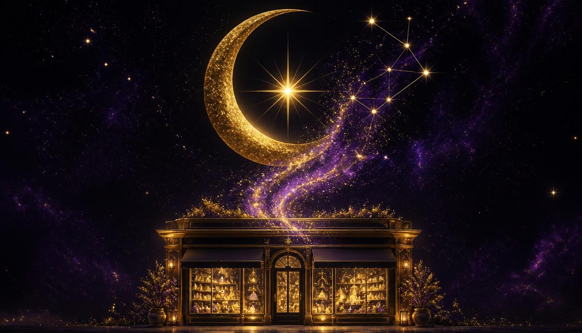 Glowing gold local storefront beneath a radiant crescent moon and violet stardust constellation, illustrating small business marketing and brand visibility