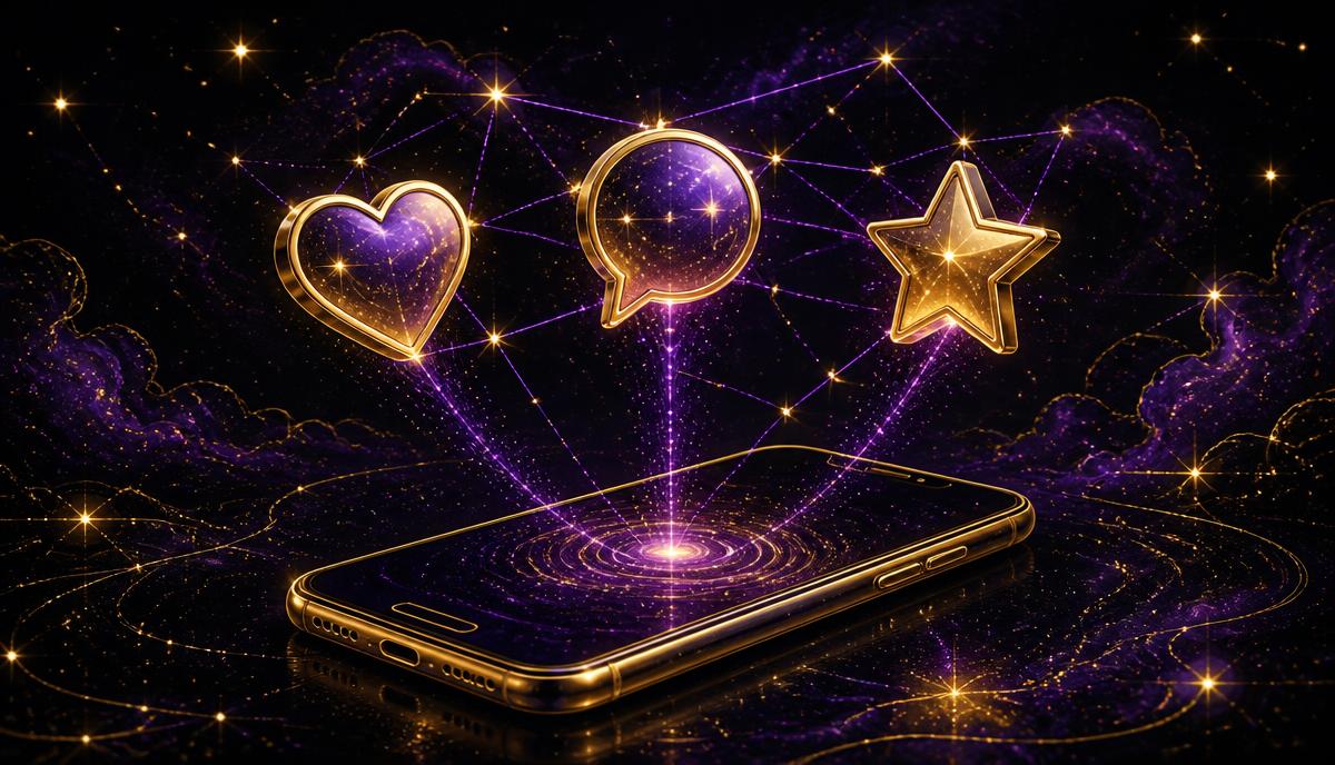 Glowing gold heart, comment, and star icons rising from an elegant smartphone across a violet constellation, illustrating social media marketing for small businesses